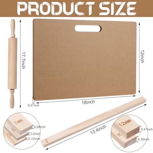 Newtay 12 Pcs Pottery Tools Include 1 Wood Rolling Pin Sculpting Polymer Clay Tools 1 Portable Wedging Board for Pottery with Built in Handle and 10 Pcs 5 Size Pottery Teaching Rolling Mud Stick Guide