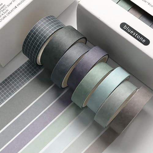 YUBBAEX 8 Rolls Basic Washi Tape Set Solid Color Grid Masking Decorative Tapes for Arts, DIY Crafts, Journals, Planners, Scrapbooking, Wrapping (Blueston)