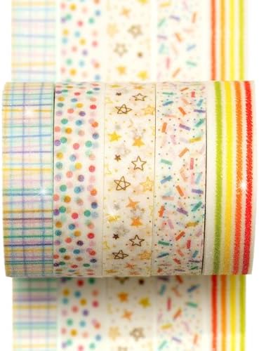 Cute Pattern Washi Tape Set 5 Rolls Glitter Cover Decorative Wide Kawaii Masking Tapes for Arts, DIY Crafts, Journals, Planners, Scrapbook, Wrapping (9 Dots & Stars)