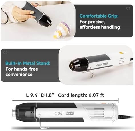 DELI Mini Heat Gun, 350W Dual Temp 500℉/842℉ (260℃/450℃) with Reflector & Extra Nozzles, 6 FT Cable, Overload Protection – for Crafting, Vinyl Wrap, Epoxy, Resin, Shrink Tubing