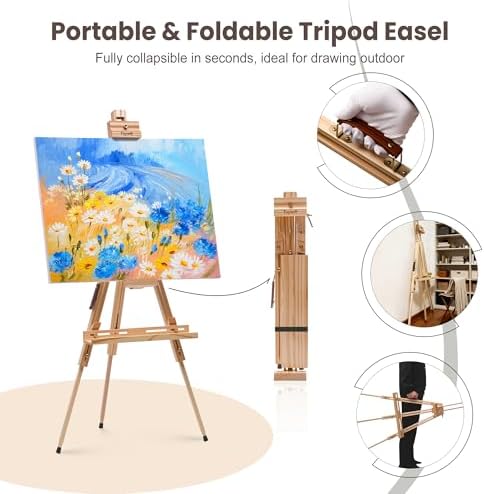 Foldable Easel for Painting: Adjustable Solid Pine Wood Portable Easel for Adults - Drawing Easel Stand with Carrying Bag & Features a Spacious Removable Tray Holds Canvas up to 25"
