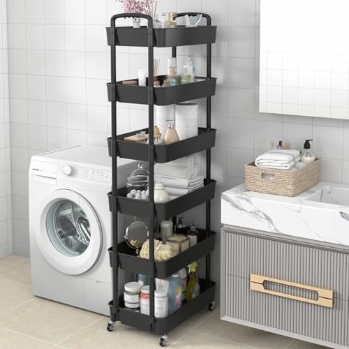 Sywhitta 6-Tier Plastic Rolling Utility Cart with Wheels for Storage,Black