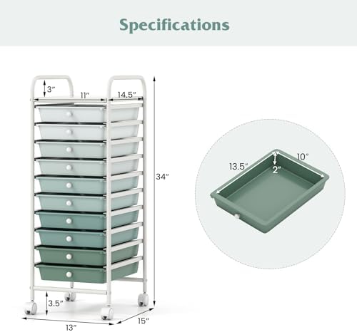 Storage Cart, Rolling Utility Cart with 10 Drawers, Portable Handles & Lockable Wheels, Mobile Paper Toys Storage Organizer Large Capacity for Home Office School Teacher (Gradient Green)