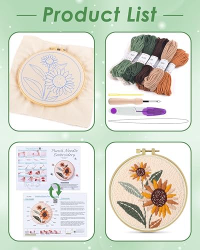 ERKOON Punch Needle Kit Beginners Adults, DIY Easy Flower Embroidery Set for Starter Art Craft, Needling Punching Project with Patterns, Tools, Yarns, Hoop, Instruction (Sunflowers)