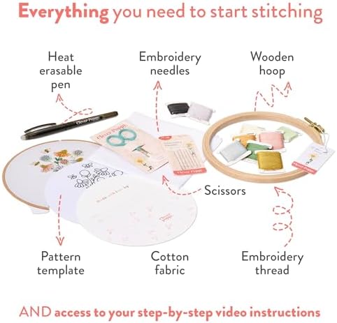 Clever Poppy Bee Happy Beginner Embroidery Kit – Easy Embroidery Kit for Beginners with Hoop, Thread & Patterns – Hand Embroidery Kit for Adults and Teens – Complete Embroidery Starter Kit