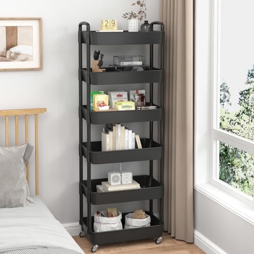 Sywhitta 6-Tier Plastic Rolling Utility Cart with Wheels for Storage,Black