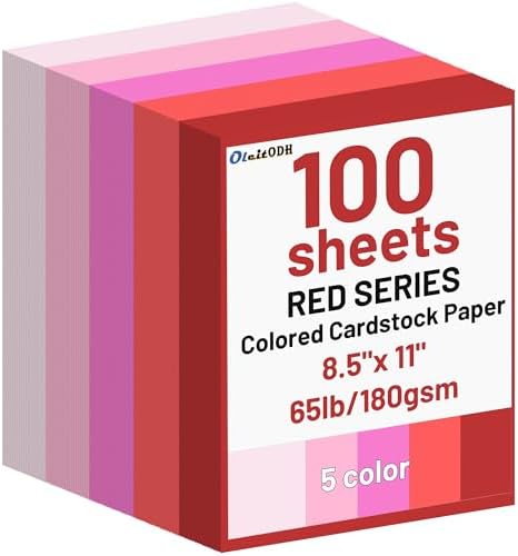 Oleitodh 100 Sheets 8.5x11 in Cardstock, 5 Red Tones, 180GSM/65lb