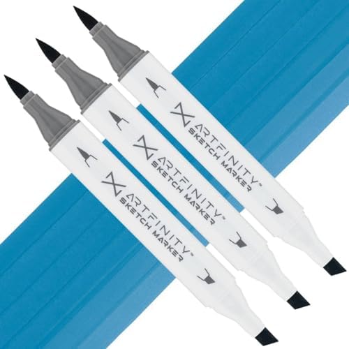 Artfinity Sketch Markers - Set of 3 - Peacock Blue B1-6, Vibrant, Professional, Dye-Based Alcohol Markers for Artists, Drawing, Travel, & More