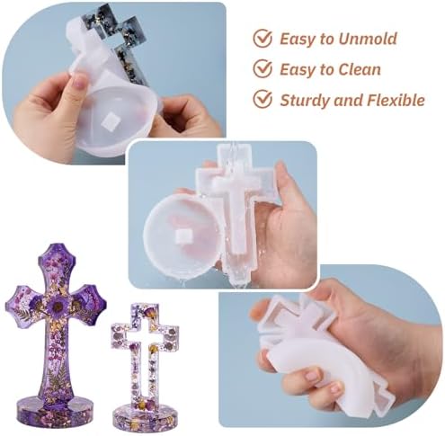 Cross Resin Mold Set with Base, 2PCS Silicone Standing Cross Molds, Hollow Cross Mold and Scalloped Cross Mold for Epoxy Resin, Plaster, Soap, Wax, DIY Religious Craft Decorations