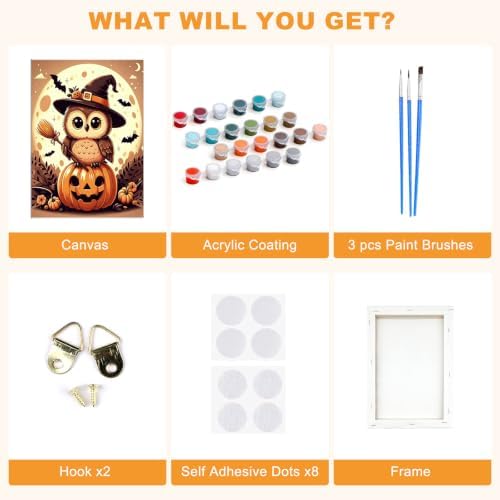 SENQAO Owl Paint by Numbers Kit for Adults Beginner, Halloween Adult Paint by Number Kits on Canvas, DIY Acrylic Oil Easy Painting by Numbers for Home Wall Decor 8X12 inch (Owl Pumpkin)