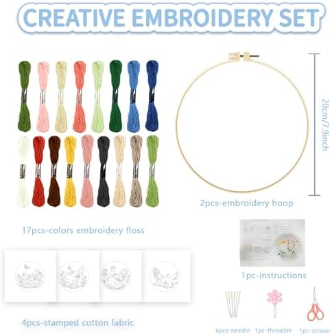 FREEBLOSS 4 Sets Embroidery Kit for Beginners Needlepoint Embroidery Starter Kit with Chicken Theme Stamped Patterns, Instructions, Colored Threads, 2 Hoops 11.6"/29.5cm