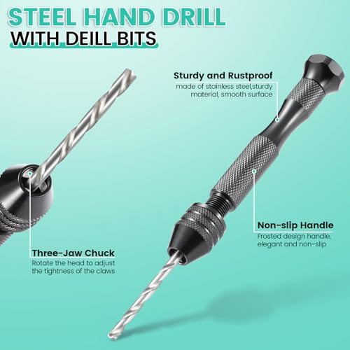 Hand Drill Set for Resin Crafts, Pin Vise Jewelry Making Kit with 10 Drill Bits, 600 Eye Screws, 15 Keychain Rings – Push Drill Tool for Epoxy, Molds, DIY Projects (Pin Vise Hand Drill Set - 1)
