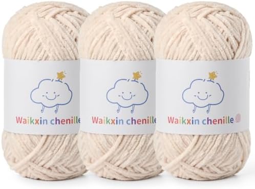 Skinny Chenille Yarn for Crocheting, 3 Pack of 1.75 oz/109 yds Amigurumi Yarn&Baby Yarn for Crocheting Soft, Fluffy Fingering Weight Velvet Yarn for DIY Crafts&Baby Blankets.(3 Beige)