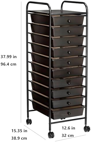 Simply Tidy 10 Drawer Matte Black Rolling Cart - Mobile Organizer with Removable Drawers, Swivel & Locking Casters, Durable Tubular Frame - 1 Set