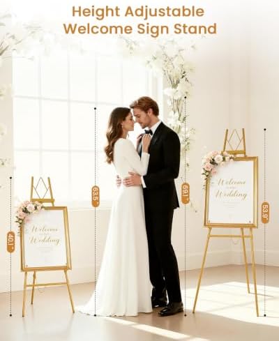 53.9" Gold Easel Stand for Sign, Heavy Duty Metal Display Easel with Storage Bag, Adjustable Art Easel for Wedding Sign, Painting, Picture