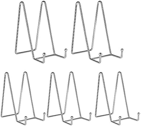 Kruodop 6 Inch Plate Stands for Display, 5 Pack Plate Holder Display Stand, Black Metal Frame Easel Holder Stand for Pictures,Book, Photo, Decorative Plate, Silver