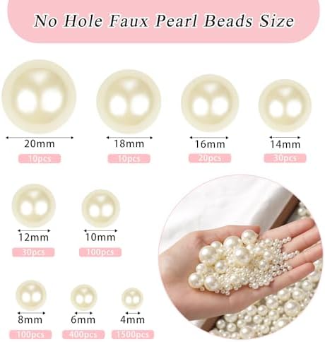 2200PCS Pearls for Crafting, Ivory No Hole Beads for Centerpieces Vases, 9 Sizes Bulk Fake Pearls Beads for Vase Filler, Candles Centerpiece, DIY Crafts, Jewelry Making (4/6/8/10/12/14/16/18/20mm)