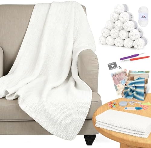 Aeelike Crochet Blanket Kit for Beginners, Easy Soft Crochet Kit, White