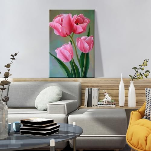 ATDMS Paint by Numbers Kit for Adults with Frame Flowers Paint by Number with Easel DIY Tulip Adult Paint by Number Kits Oil Painting Kits for Gift Home Wall Decor 8x12 Inch