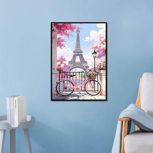 MVVMTOP Diamond Painting Kit for Adults 5D DIY The Eiffel Tower and Bicycles in Spring Full Drill Round Diamond Art Kits for Beginners Crystal Rhinestone Embroidery Painting Home Wall Decor Gift