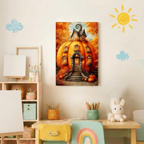 Spandrel Pumpkin House Framed Paint by Numbers Kit for Adult, Halloween Adult Paint by Number Kits on Canvas, DIY Acrylic Oil Easy Autumn Painting by Numbers Fall for Home Wall Decor, 8x12in