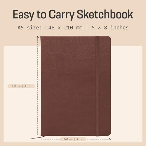BROWNSTONE JOURNALS A5 Sketch Book Hardcover - 80 Sheets 100 GSM Paper | 5" x 8", Lay Flat, Vegan Leather Cover, Elastic Band, Back Pocket, Compact Art Drawing Book for Adults & Students