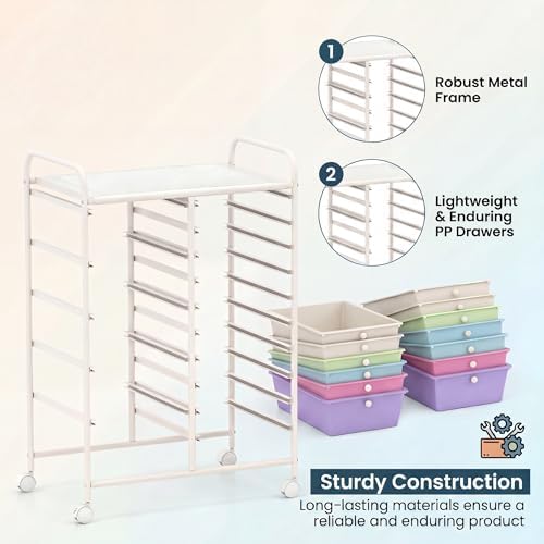 GOFLAME 15-Drawer Rolling Storage Cart, Craft Storage Cart with Removable Drawers & Lockable Wheels, Art Cart Supply Storage Organizer for Home Office Classroom, Ice Cream