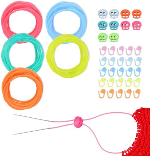 Dexspoeny 10 Pcs Knitting Needle Stoppers,Colorful Silicone Knitting Stitches Holder with 20Pcs Plastic Crochet Hook Clip,2mm Hollow Rubber Tubing Knitting Barber Cord,Convenient for Knitting