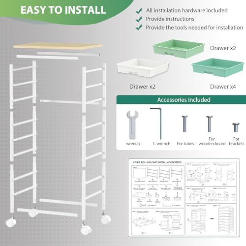 Goovilla Rolling Cart with 8 Drawers for Art, Dorm, Office, Craft, Green | Utility Cart Organizer With 8 Removable Drawers and Wooden Tabletop, Lockable Rolling Storage Organizer for Classroom, Home