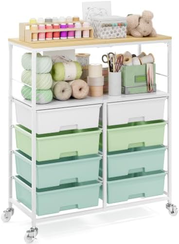 APEXCHASER Rolling Storage Cart with 8 Large Drawers, Wooden Tabletop