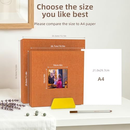 Popotop Photo Album Self Adhesive with Picture Display Window,60 Pages DIY Scrapbooking Supplies Kit for 4x6 10x12 Picture,Linen Cover Memory Book for Baby Wedding, with Scraper and Metallic Pen