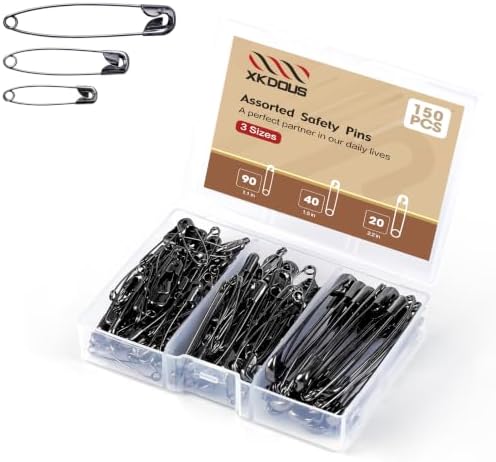 XKDOUS 150 Pack Safety Pins for Clothes 3 Universal Assorted Sizes, Black