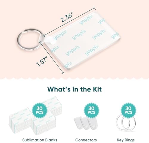 YOPPIX 90 Pcs Sublimation Acrylic Keychain Blank kit, with 30 Fixing Clips and 30 Key Rings for Heat Transfer Keychain Bag Decor Pet Necklace Christmas Tree Decor, Home Gift Crafts Supplies