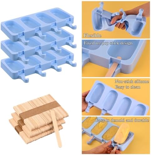 Sakolla Large Oval 4 Cavities Silicone Popsicle Molds, Set of 3