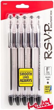 Pentel RSVP Ballpoint Pen, (0.7mm), Fine Line, Black Ink, Pack of 5 (BK90PF5A)