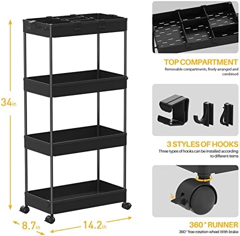 SPACELEAD 4 Tier Rolling Cart with Wheels, Storage Craft Art Trolley Organizer Serving, 3 Hanging Baskets Easy Assembly, for Office, Living Room, Kitchen