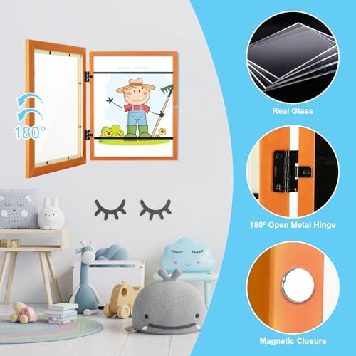 [2-Pack] Kids Art Frames, 8.5x11 Front Opening Kids Artwork Frames Changeable, Orange Artwork Display Storage Frame for Wall, Holds 50 Pcs, for 3D Picture, Crafts, Children Drawing, Hanging Art,