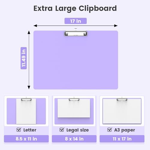 Extra Large 11x17 Clipboards, Plastic Purple Drawing Boards, Horizontal Clip Board, Landscape Layout. Suitable for Watercolor, Sketching, Painting. Art & Drafting Supply(Pack of 6)