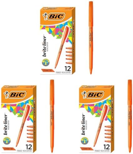 BIC Brite Liner Highlighters, Chisel Tip, 12-Count Pack of Orange Highlighters, Ideal Highlighter Set for Organizing and Coloring (Pack of 3)