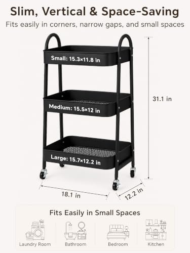 Booklov Rolling Makeup Cart Organizer, 3 Tier Utility Storage Cart, Black