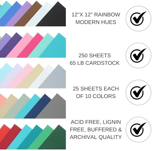 Accent Design Paper Accents Variety Pack, Rainbow Cardstock, Modern Hues, 12x12 Inch, 250 Pack, 65lb Coordinated Color Cardstock, Scrapbooking, Card Making, and Crafts