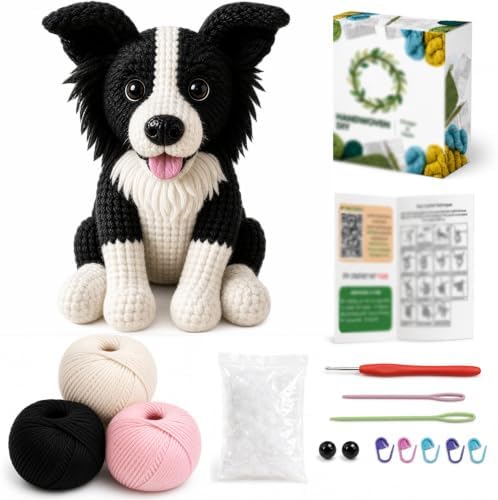 FACE N FACE DIY Crochet Border Collie Dog Kit for Beginners–Amigurumi Stuffed Dog Knitting Kit with Yarn, Hook, Safety Eyes & Step-by-Step Instructions–Easy Beginner Crochet Craft for Dog Lovers