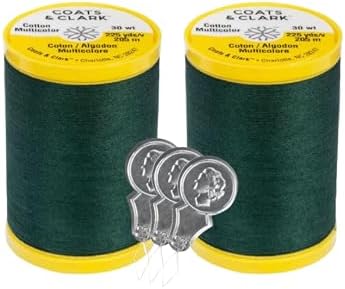 Coats & Clark Cotton All Purpose Sewing Thread 100% Mercerized Cotton 225 Yards Each Spool S970 2 Pack Bundle with 3 Bella's Crafts Needle Threaders (Forest Green)