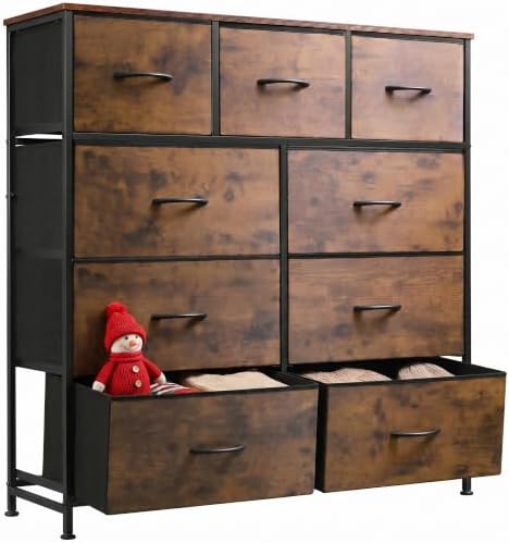 WLIVE Tall Dresser for Bedroom, 9 Drawer Chest of Drawers, Rustic Brown | 9 roomy fabric drawers, Tall storage design, Bedroom or closet use, Sturdy steel frame, Smooth wood tabletop