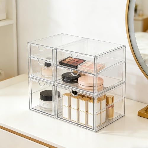 Prsildan Acrylic Makeup Organizer Clear Storage Drawer with 6 Small Drawers