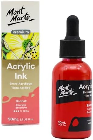 Mont Marte Acrylic Ink Premium 50ml - Scarlet, Acrylic Inks for Artists, Fluoro Colors, Ideal for Air Brush, Pouring Art, Scrapbooking, Ink Drawing, Mixed Media