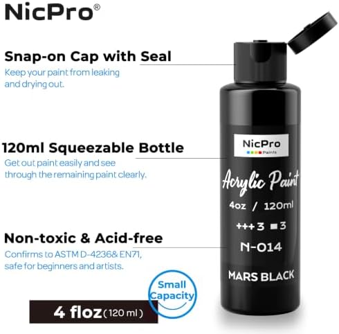 Nicpro White & Black Acrylic Paint (4 oz / 120 ml Each), Rich Pigments | Non Toxic Craft Paint for Multi Surface, Canvas, Wood, Pumpkin, Crafts - Art Painting Supplies for Beginners, Artist & Adults