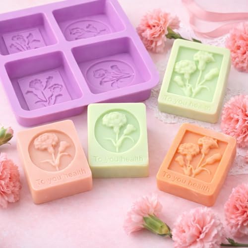 2 Pack Mother's Day Mold Carnation Flower Soap Molds Flowers Silicone Soap Mold Carnation Mold Carnation Silicone Molds Square Handmade Soap Mould for Wax Soap Candle Lotion Bath Bombs Cake Chocolate