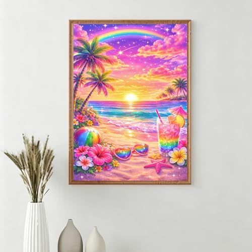 ckdiluy Beach Diamond Art Kits for Adults Beginners, 5D DIY Tropical Beach Diamond Painting Kits, Full Round Drill Diamonds Dots Gem Art Crystal, Home Wall Decor 12X16 Inch