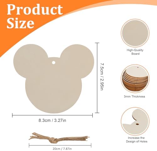 Mouse Head 30Pcs Unfinished Wooden Gift Ornaments DIY Craft Birthday Present-30Pack Paintable Blank Natural Mouse Head Cutouts Hanging Wood Slices for Kids Art Crafts DIY Gift Party Supplies
